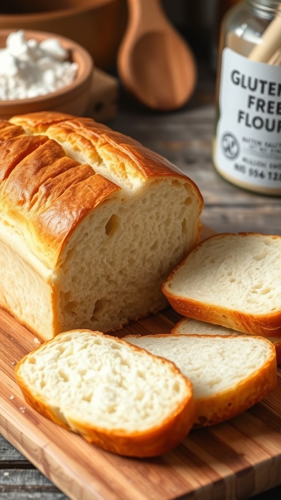 A golden-brown loaf of gluten-free bread sliced on a wooden board, with a rustic kitchen backdrop.